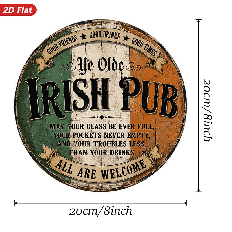 2D Flat, 1pc Irish Pub Sign Round Metal Sign Wall Art, Green White Orange Stripes, Rustic Home Decor, Celtic Blessing Quote, Ide