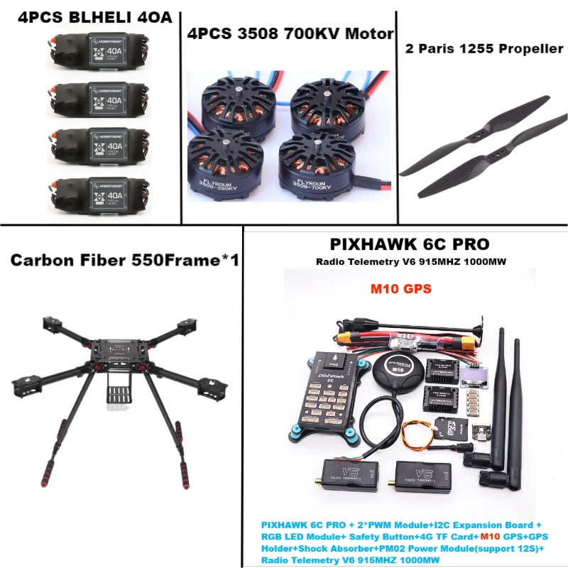 RctoSk 550 Hexa Frame PIXHAWK 6C PRO M10 Flight Control Carbon Ardupilot Radio Telemetry Quadcopter 40A 3508 700KV Motor ESC