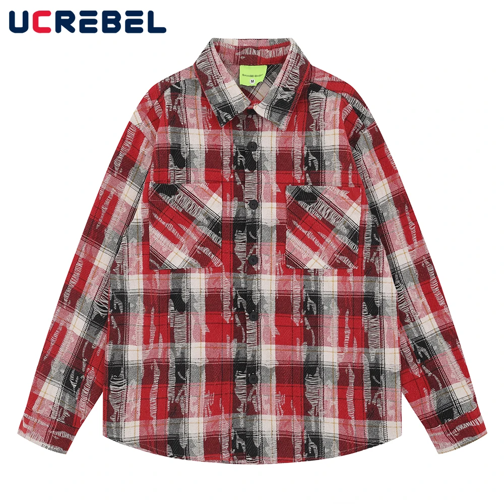 

Ripped Plaid Long Sleeve Shirts Mens Autumn Retro High Street Loose Single Breasted Lapel Cotton Shirts Man