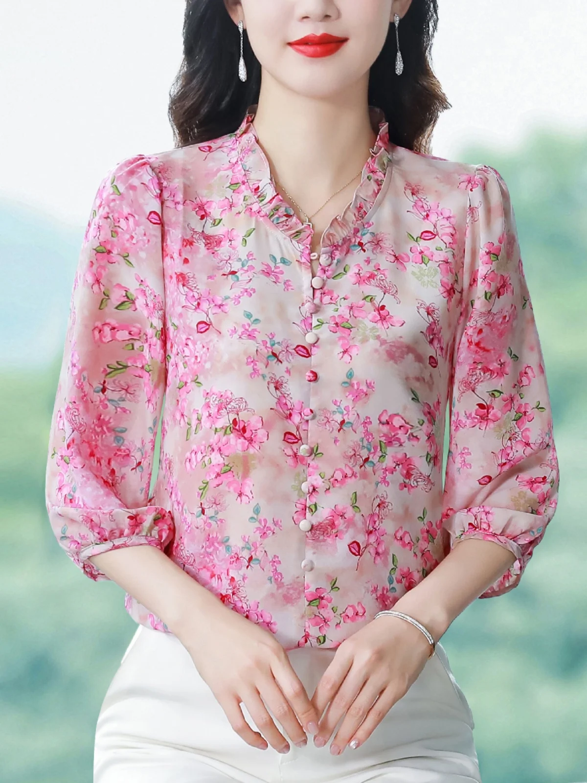 명품 브랜드 고급 맘마 플로럴 프린트 쉬폰 셔츠 스윗 스타일 루즈핏 랜턴 소매 폴리에스터 실크 혼방 V넥 캐주얼 탑