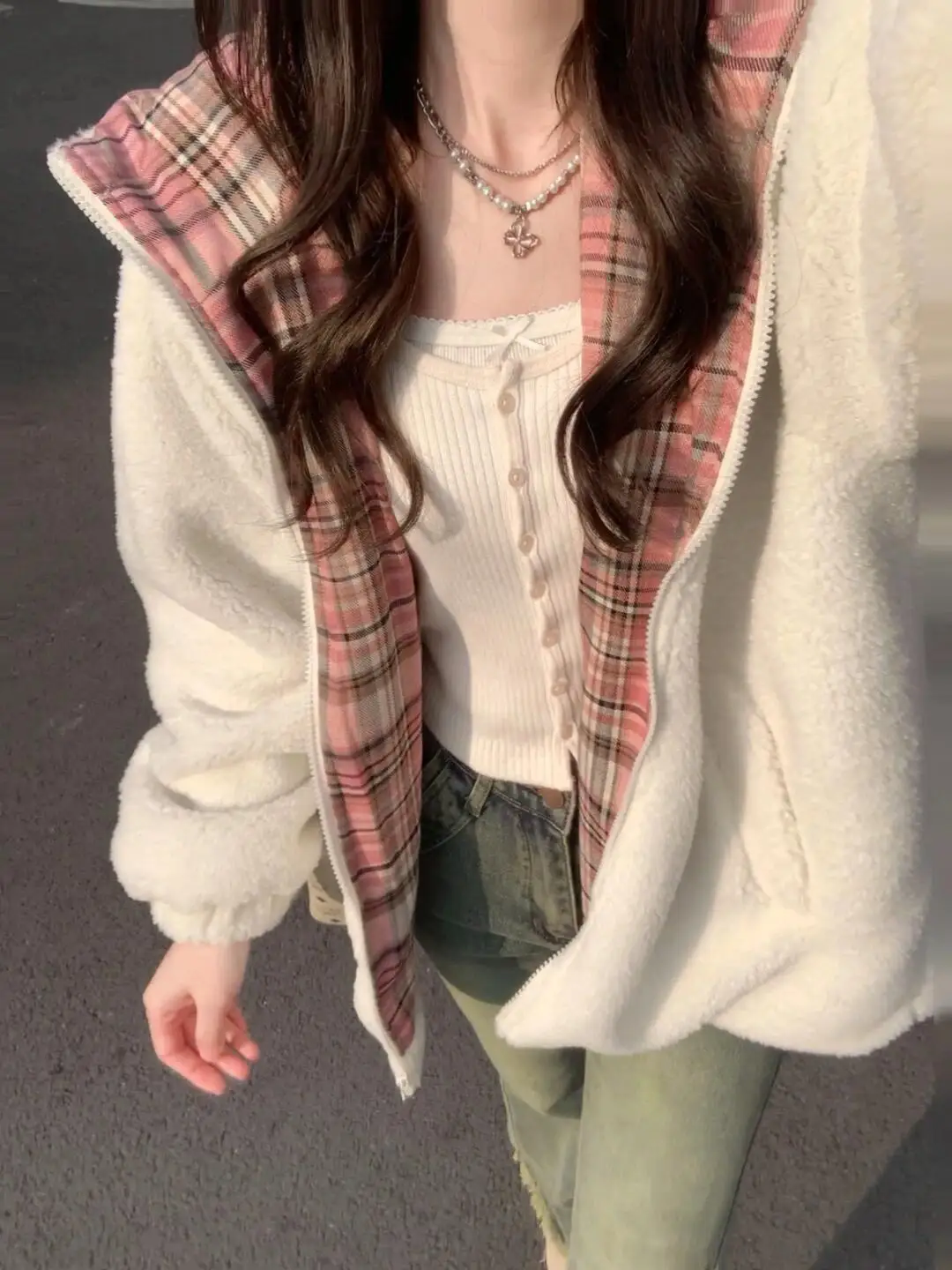 

Lamb Wool Jacket Women Long Puffed Daily Sporty Female Edge Flap Square Comfortable Fancy Suede Lining Colorblock Anti-Wind Soft