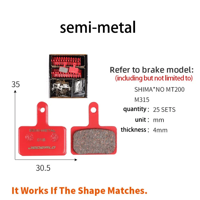 Pastillas de freno de disco para bicicleta de montaña, pastillas de freno semimetálicas de resina orgánica para Shimano M315, M355, M395, M446, 25 juegos por caja