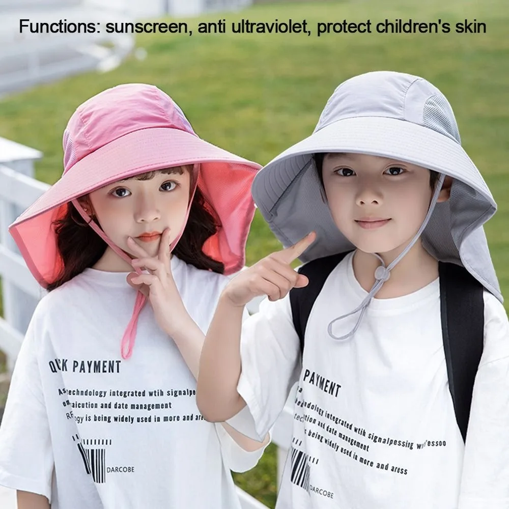 Children Summer Bucket Hats UV Protection Outdoor Beach Sun Hat Boy Girl Flap Cap Adjustable Wide Brim Cap