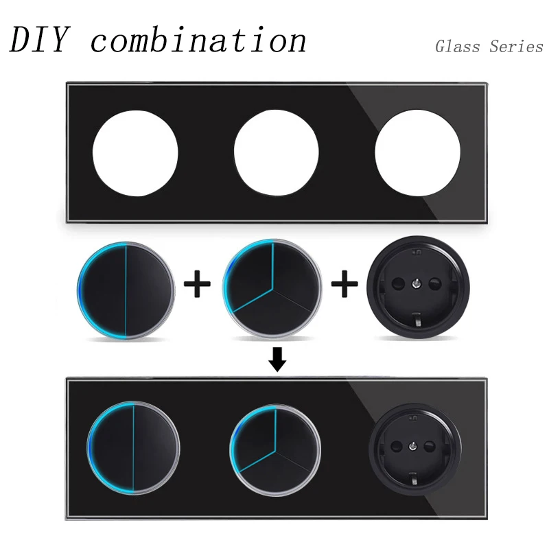 Black Glass LED Touch Switch EU FR Style Home Hotel Wall Switch Socket Full Series DIY Modern Household Electrical Accessories