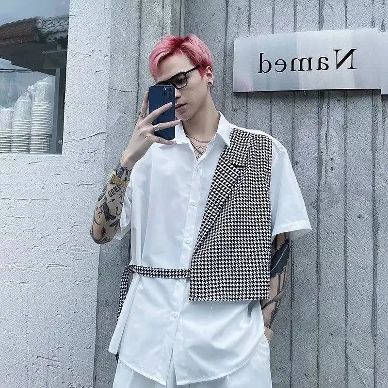 Men's Fake Two Piece Patchwork Korean Blouse Polo Neck Loose Youth Street Casual Shirt Tops Fashion Trend Men Clothing Summer