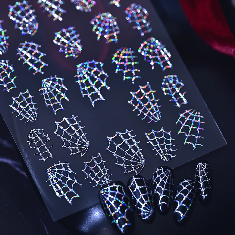 1 Blatt 3D Holographische Glitzer-Spinnennetz-Nagelaufkleber Halloween Glänzende Laser-Spinnennetz-Nagelsticker Selbstklebende Nageldekoration