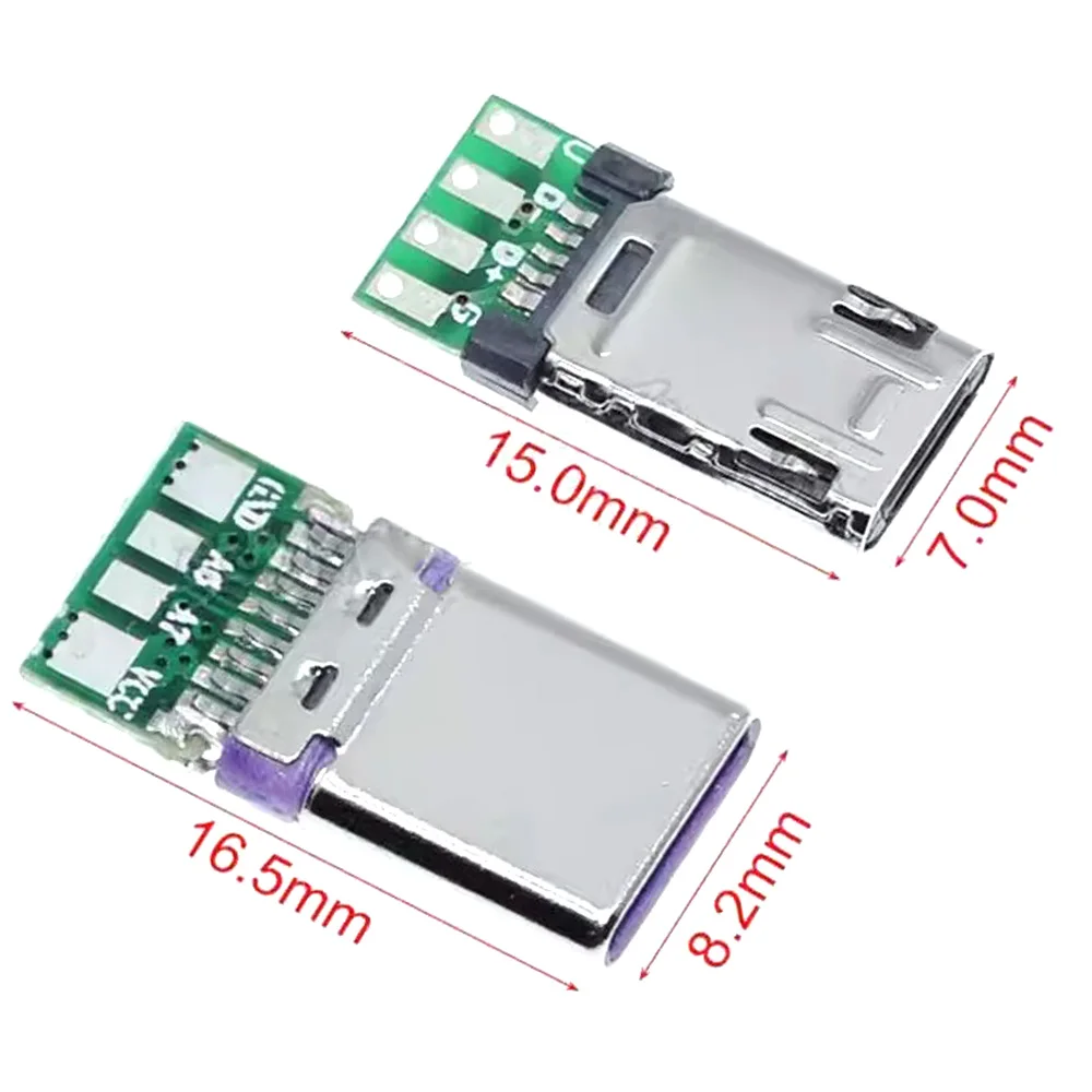 MICRO male power plug with PCB solder pad, USB reversible type-c data board 24Pin, dual resistors, fast and flash charging