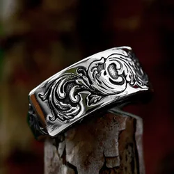 Gothic Vintage Stainless Steel Wave Dark Eyes Rings For Men Fashion Flower Pattern Ring Personality Ancient Trend Party Jewelry