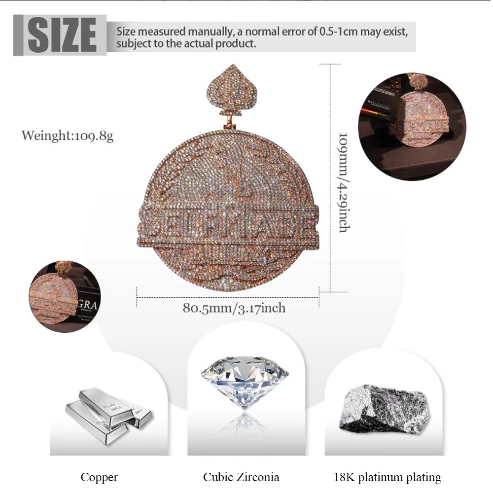 “Self Made”Iced Out Pendant 18K Rose Gold Plated Cubic Zirconia Hip Hop Necklace Accessories Charm Symbolizes Self-Made Success, Wealth & Peak Fortune 3D Round Medal With Matching Iced Cuban Chain For Young Entrepreneurs Rappers Street Fine Jewelry Gifts