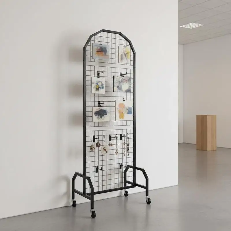 Panneaux muraux Grid 60 x 164 cm, 2 pièces, présentoir sur roulettes avec 20 crochets, étagères de présentation en acier au carbone, présentoir pour œuvres d'art et rangement de décorations, couleur noire
