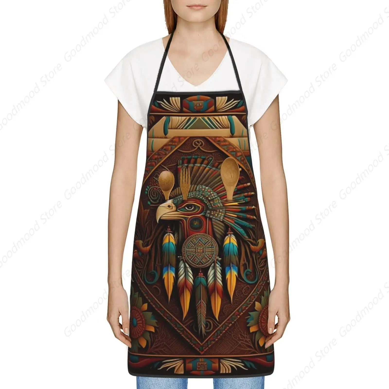 Cooking Apron with Pocket Waterproof Kitchen Bib Apron For Chef BBQ Baking Grill, Southwestern Ethnic art native