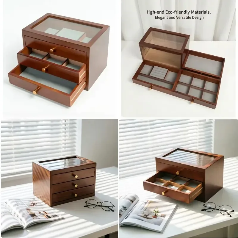 Qingchuan three-layer environmentally friendly wooden cosmetic storage box with glass top and brass knob, made in Shandong
