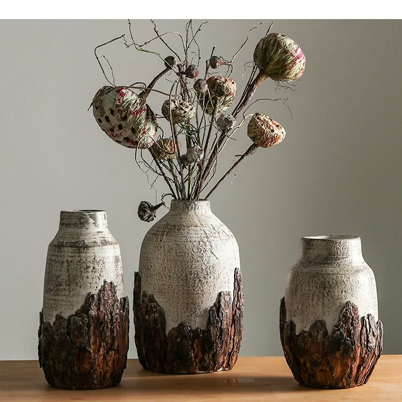 Retro Double-layer Coarse Ceramic Vase Table Decoration Artificial Flower Decorative Flowers Arrangement Room Aesthetic Decor