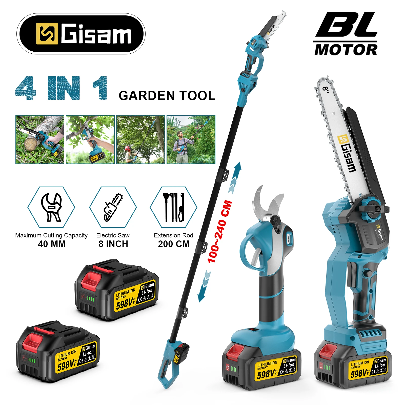 Gami – ciseaux de tronçonneuse électrique à poteau télescopique sans balais 4 en 1, outil d'élagage de jardin pour broches de batterie makita 18V