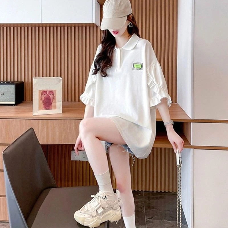 

Women's Versatile Collar Top Summer Korean Style Loose Fit Casual Mid Length Short Sleeve Polo Shirt Stylish
