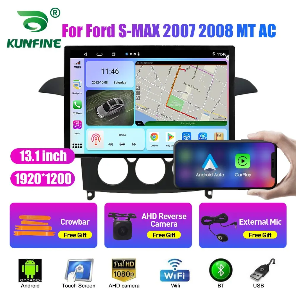 Rádio Automotivo de 13.1 Polegadas para Ford S-MAX 2007 2008 MT AC com DVD, GPS, Navegação, Carplay, 2Din, Central Multimídia, Android Auto