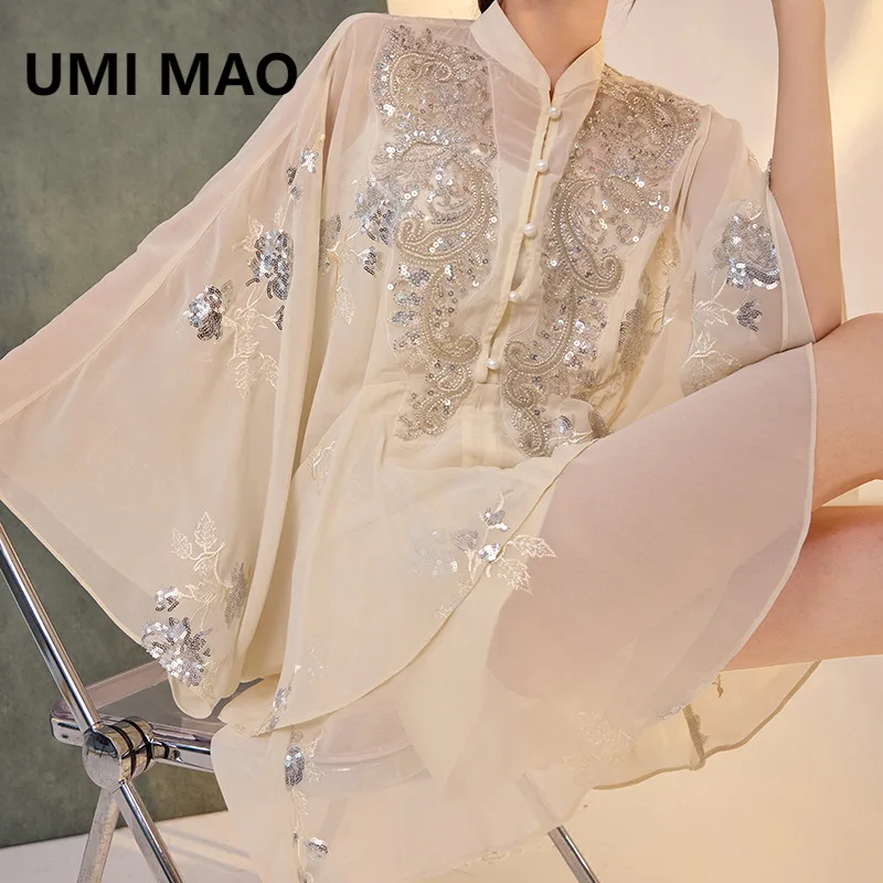 

UMI MAO New High-end Top Gentle Floral Sequin Bead Embroidery Chiffon Top With Ruffle Edge Embroidery Skirt Femme Y2K
