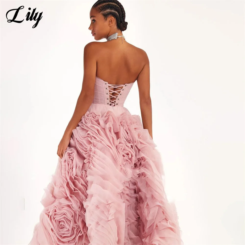 Lily Pink Strapless Evening Gown 3D Flower Ankle Length Net Elegant Prom Dress Lace Up Back Wedding Evening Dress robe de soirée