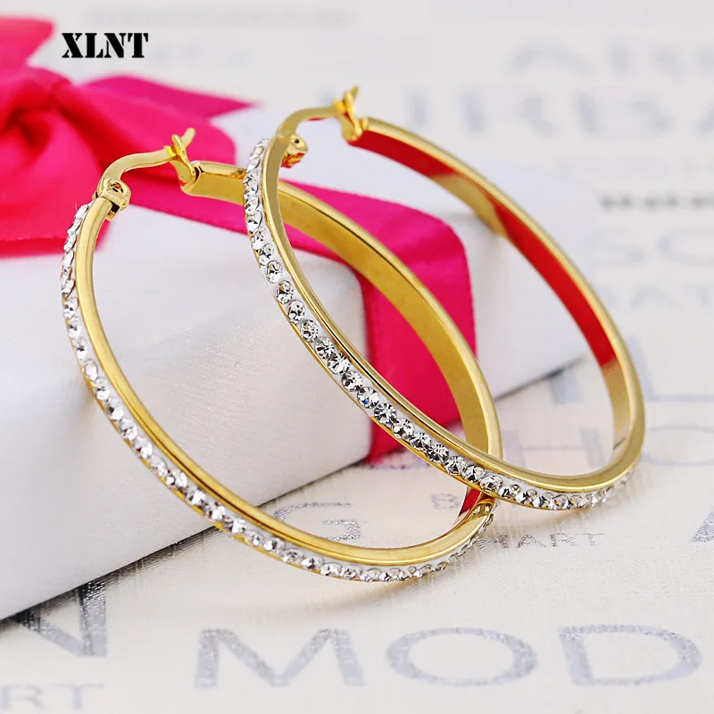 XLNT 2019 Fashion Hoop Earrings With Rhinestone Circle Earrings Simple Earrings Big Circle Gold Color Loop Earrings For Women