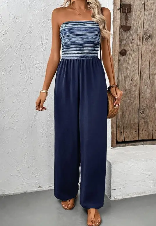 

2026 Summer New Wide Leg Pants Casual Strapless Jumpsuit with Elastic Patchwork Stripes Jumpsuit