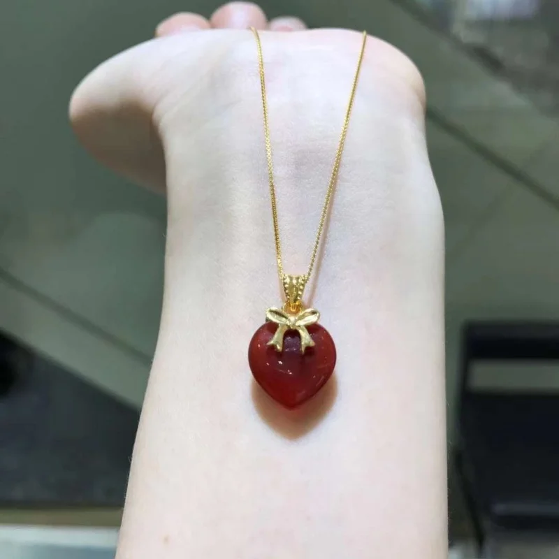 LABB Real 18K gold bow heart-shaped pendant Au750 gold inlaid with red agate pendant, women's boutique jewelry gift D0257
