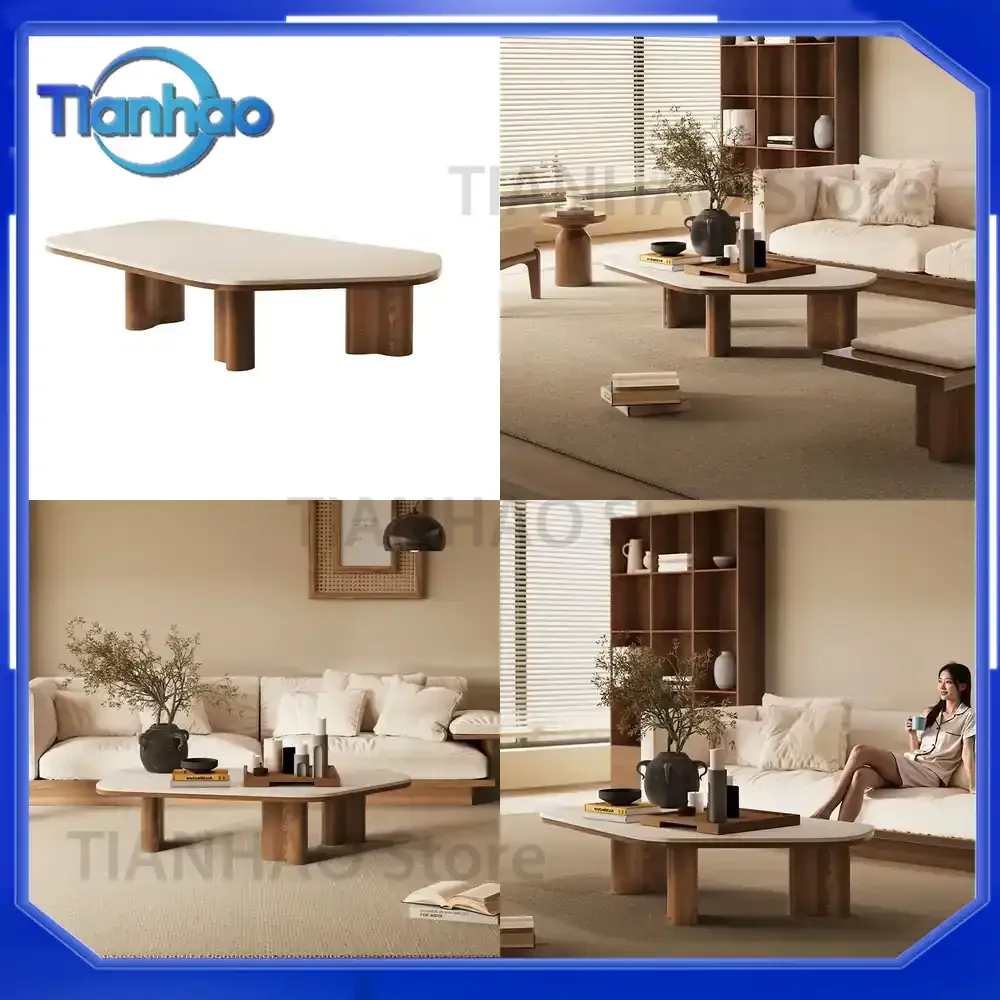 Minimalist Rock Slab Solid Wood Coffee Table for Living Room Small Apartment Household Use Light Luxury Small Sofa Table
