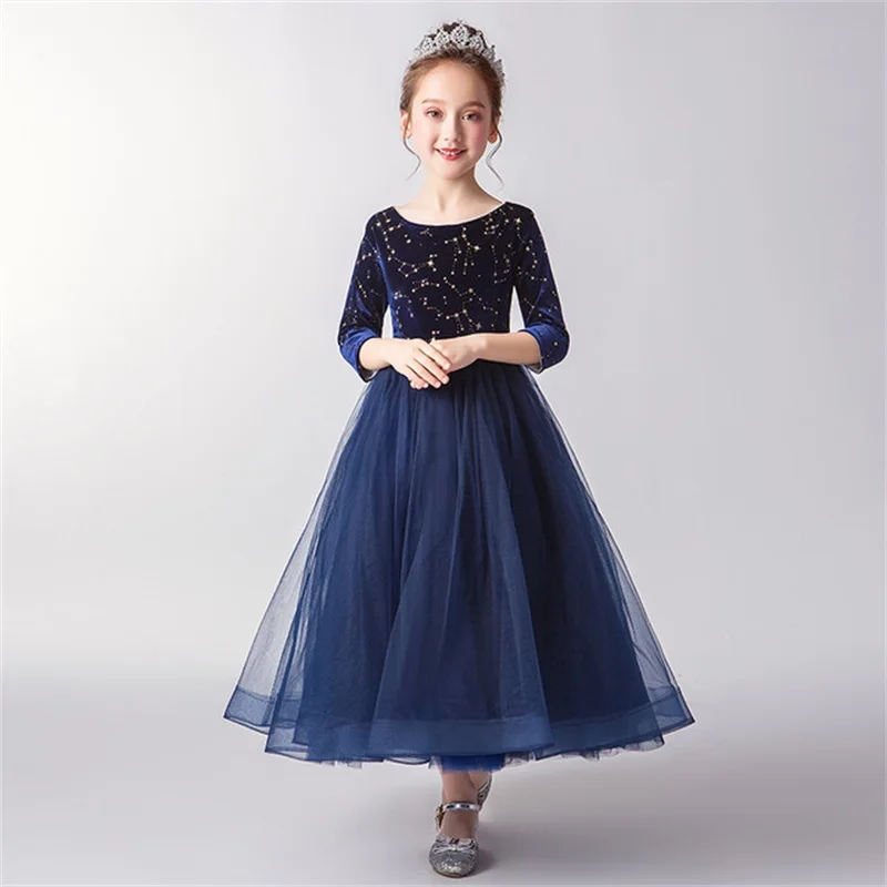 Dark Blue Princess Girl Dress Christmas Party for Kids Ball Gown Elegant Evening Dresses Long Luxury 2022 Female Gala Costume