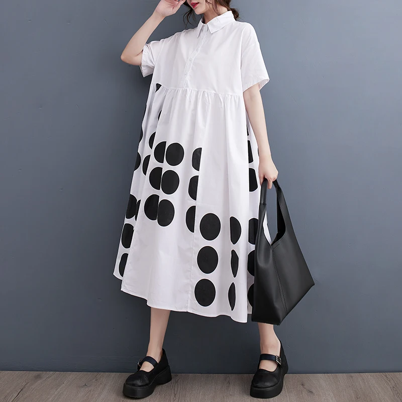 # 3857 Black White Polka Dot Printed Shirt Dress Women Polo Neck Vintage Loose A-line Midi Dress Woman Short Sleeve Summer 2024