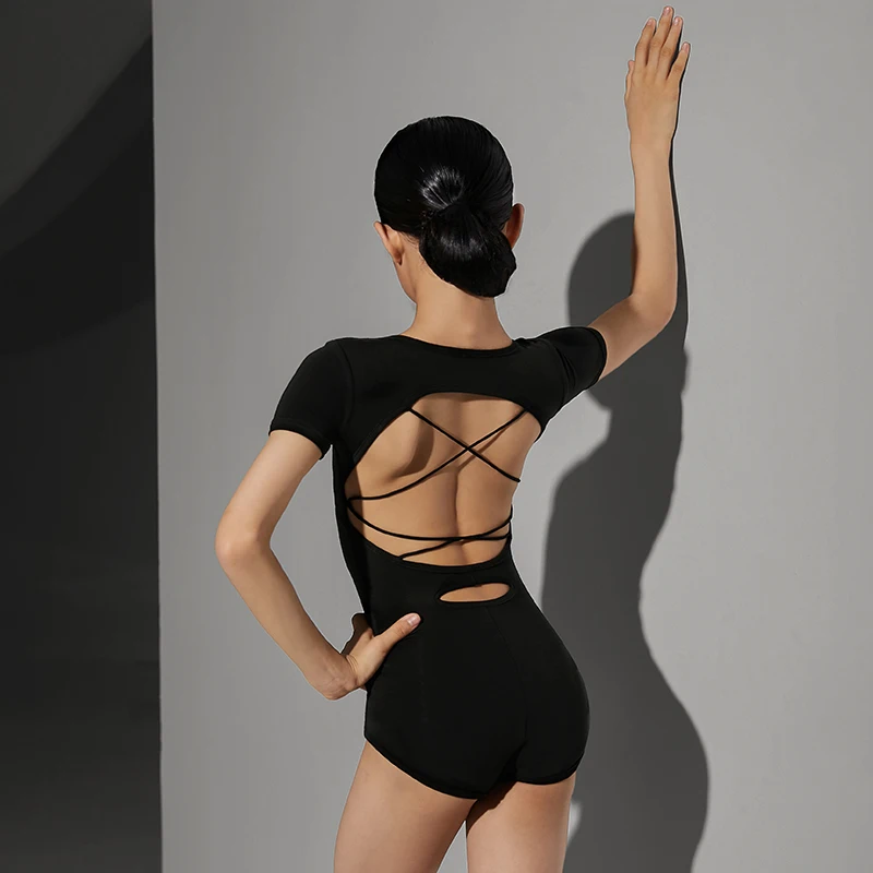 2025 子供ラテンダンストップス女の子のための黒のセクシーな背中の開いたボディスーツチャチャルンバタンゴドレスラテンダンスの服 DQS12644