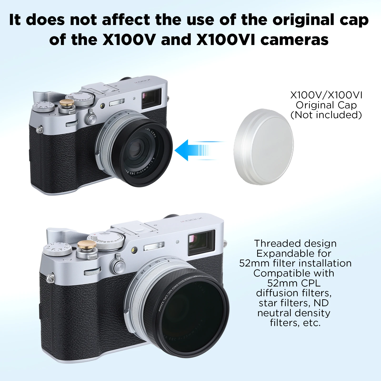 Haoge Metal Lens Hood with MC UV Protection Multicoated Ultraviolet Lens Filter for Fujifilm Fuji X100VI X100V Camera Black