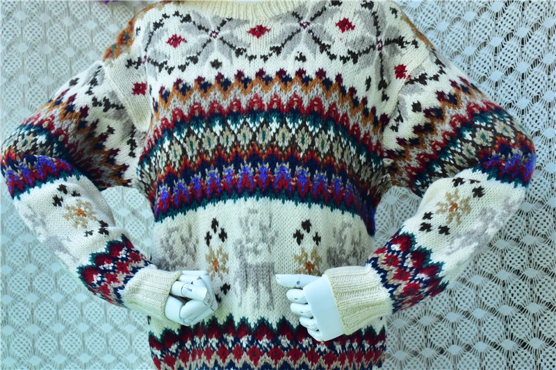 Women Vintage Fair Isle Wool Sweater Retro Reindeer Geometric Knit Pullover Long Sleeve Crew Neck Loose Oversized Winter Warm Et view 4