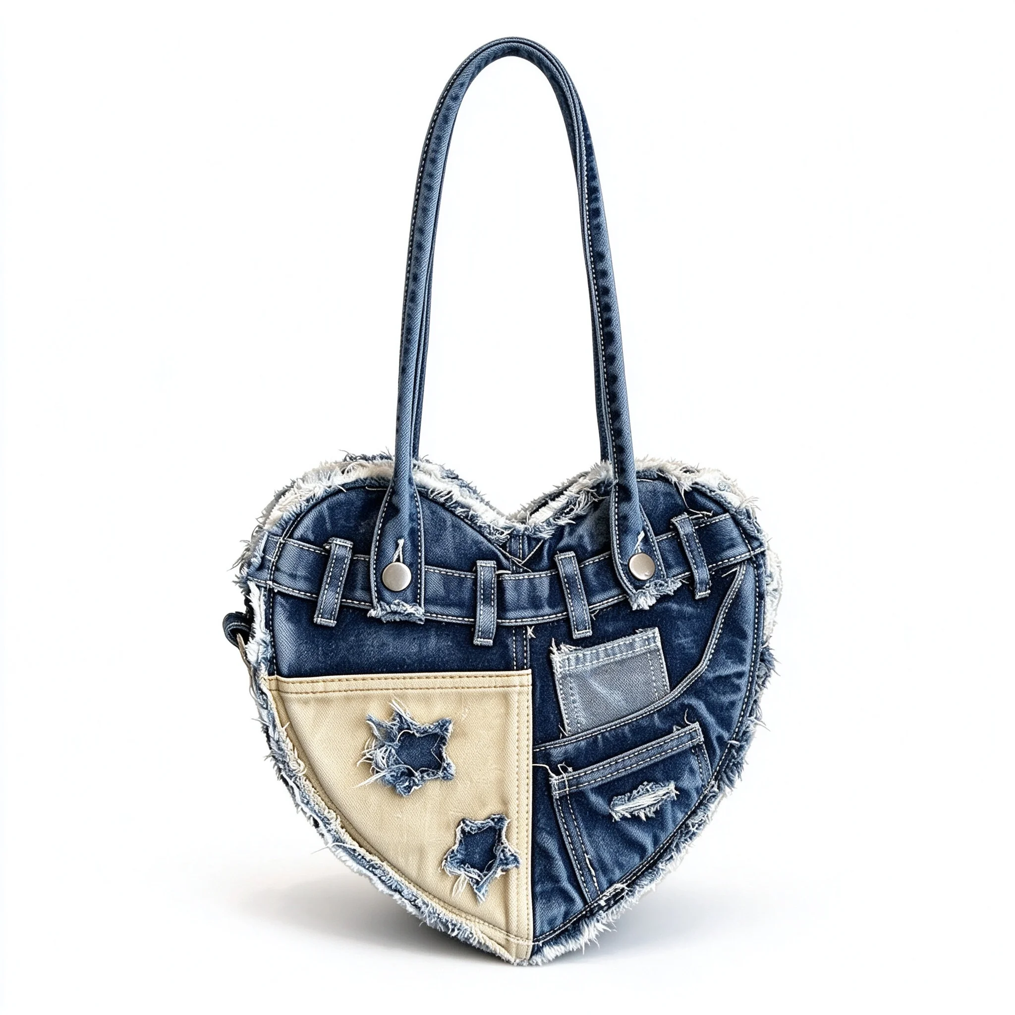 Blue Green Distressed Denim Patchwork Heart Shape Shoulder Bag Frayed Raw Edge Vintage Casual Underarm Hobo Purse Commute Women