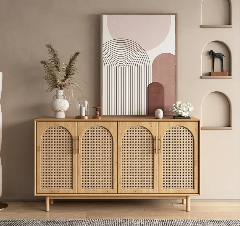 Nordic Sideboard Solid Wood Rattan Locker Living Room Tea Cabinet Simple Modern Porch Cabinet Small Apartment Storage Cabinet