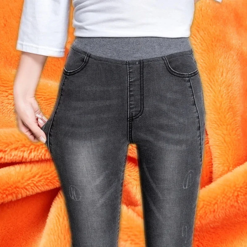 Jean crayon en velours taille haute élastique pour femme, pantalon en denim skinny en peluche délavé, surdimensionné 38, optique chaude décontractée, hiver