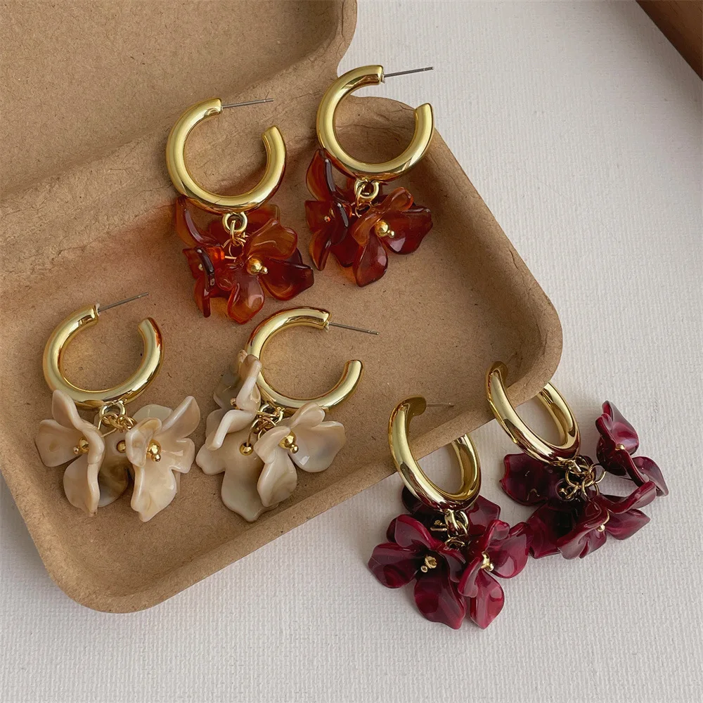 الكورية الفرنسية خمر الاكريليك مصبوغ زهرة قطرة C على شكل أقراط مزاجه الحلو مجوهرات للنساء هدايا مهرجان الحفلات #4