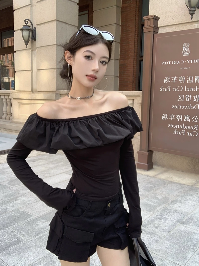 Sexy Off-the-shoulder Top Ruffle Sexy Chic Women Shirt Autumn Spring Long-sleeved Slim Cropped Tops Y2k Party Club