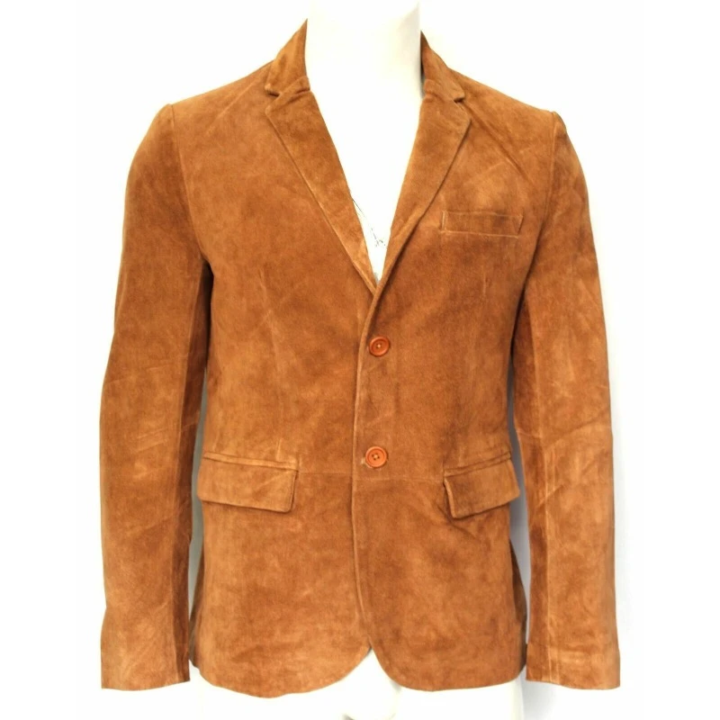 Blazer de cuero de dos botones de gamuza 100% auténtica estilo de oficina para hombre abrigo de prendas de vestir color canela