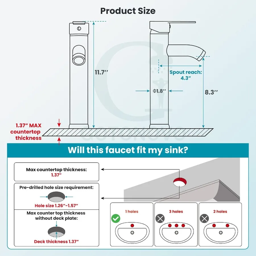 gotonovo Bathroom Faucet One Hole Single Handle Deck Mount Vessel Sink Faucet Lavatory Vanity Modern Tall Mixer Bar Tap with Wa