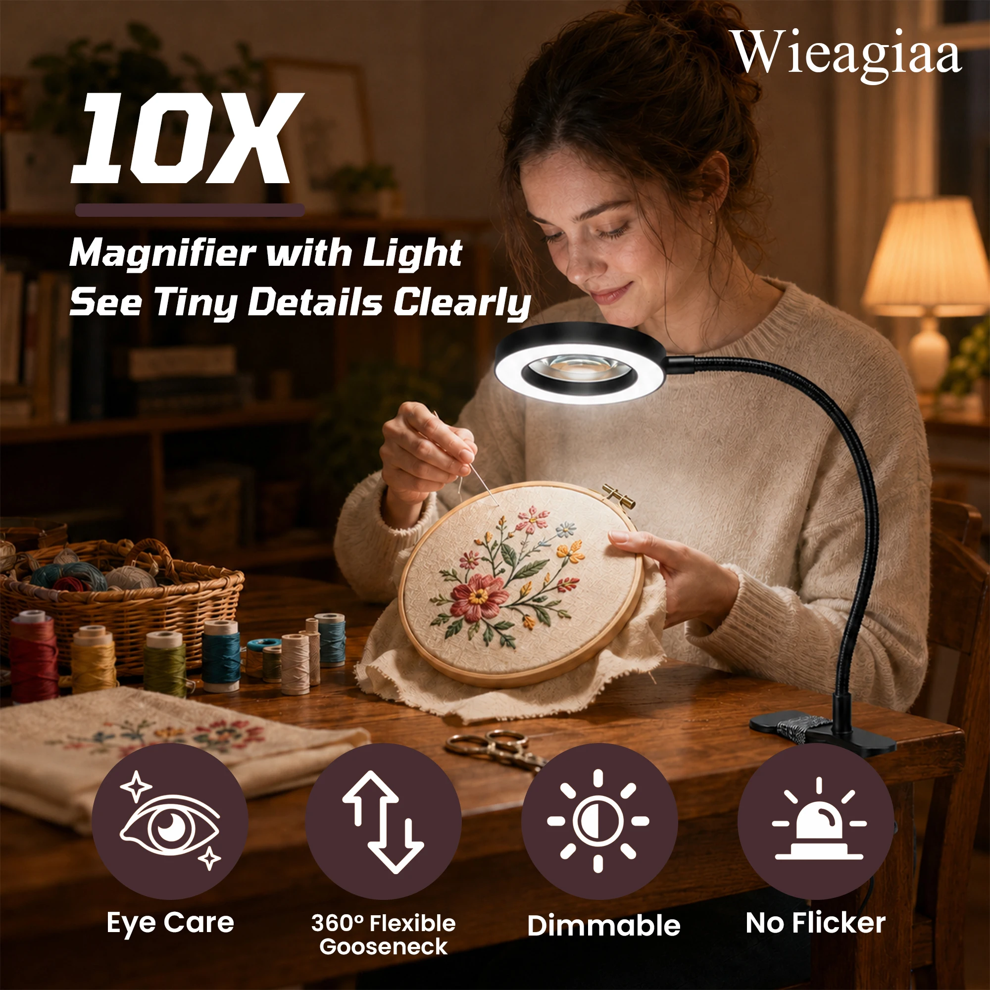 LED Clamp Magnifier Lamp Hands Free Illuminated Magnifying Light Adjustable Gooseneck Stand For Close Work DIY Craft Hobby Painting Repair