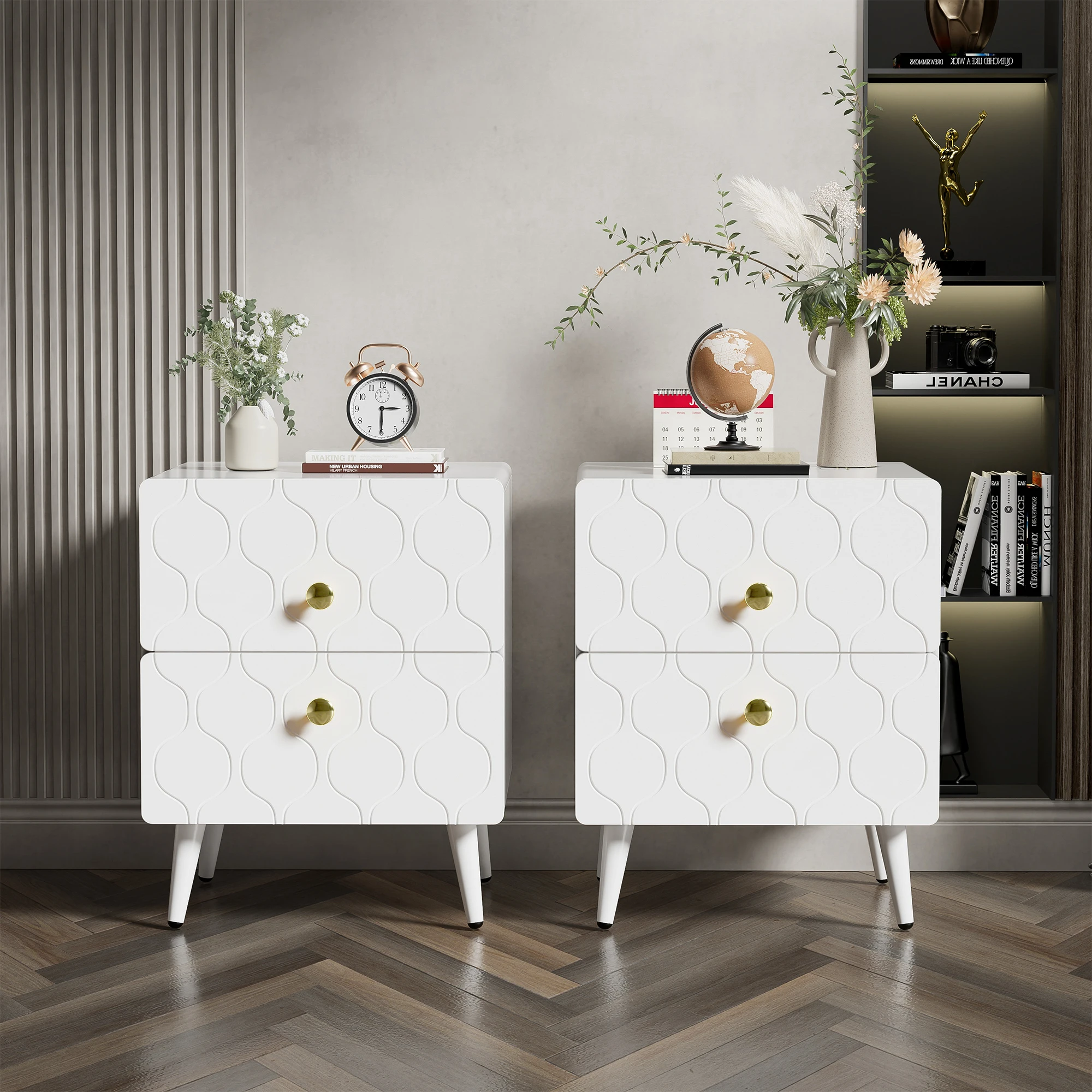 VSOGA Modern bedside table Gold Plated Handles Wave Pattern Set of 2 Drawers Painted Shockproof Design 39.5 W x 40 D x 50 H cm White