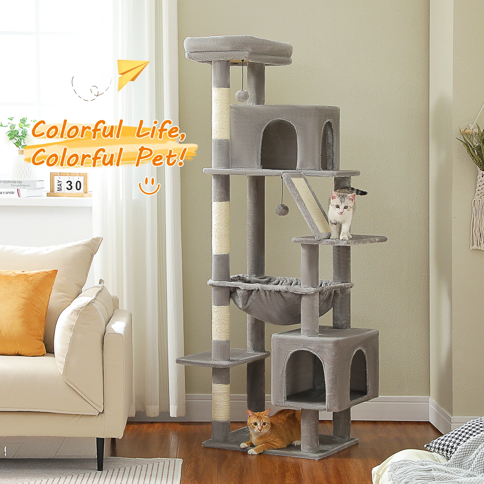 Large Cat Tree with Big Hammock, Sisal Scratching Posts, Two Spacious Condos, Cat Scratch Board, Tall Cat Tower for Adult Cats