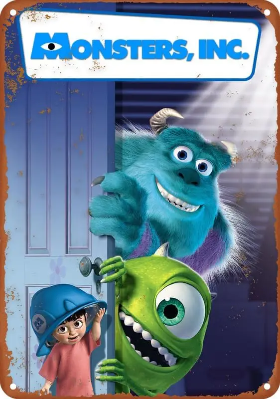 Monsters Inc Poster Vintage Metal Tin Sign Aluminum Signs Wall Art Home Decor Bedroom Kitchen Cafe Pub Plaque 8X12 Inch, colour