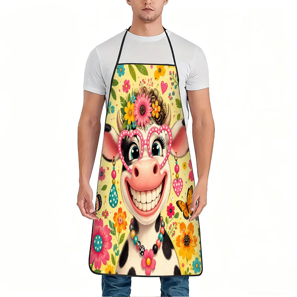 1pc Funny Smiling Cow with Floral Heart Glasses Print Apron, Durable and Easy to Clean, Adjustable Waistband, Polyester