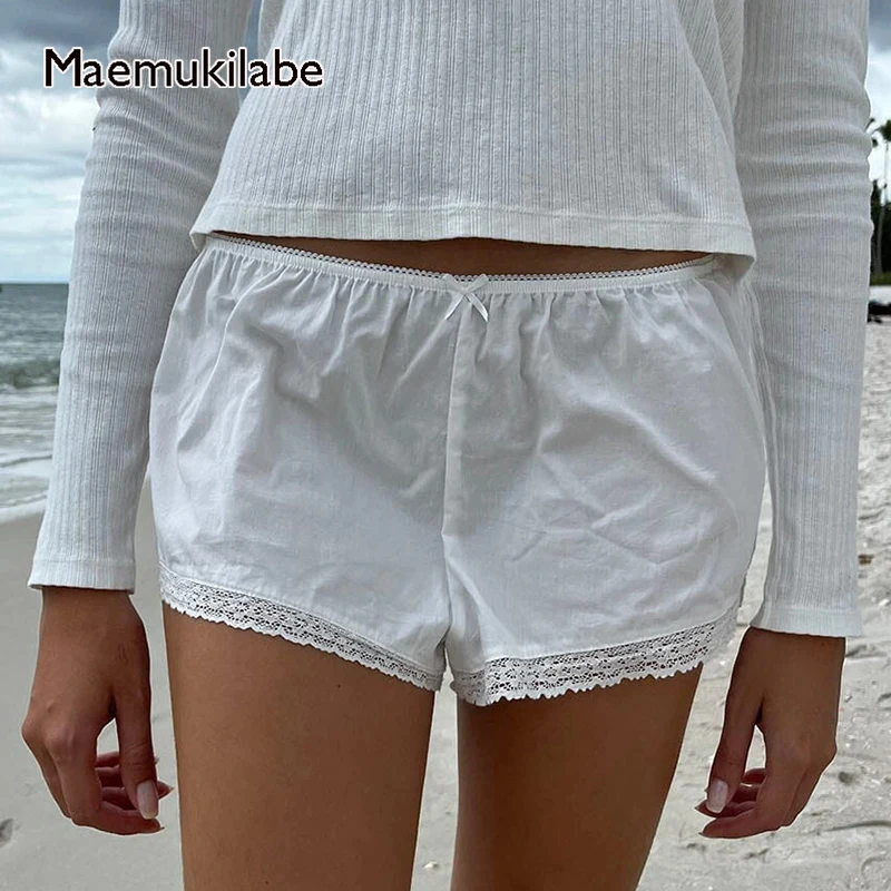 Maemukilabe Fairy Cottage Retro Shorts Cute Bow Lace Trim Boyshort Y2K Kawaii Lounge Pajamas Sweatshorts Korean Comfy Bottoms