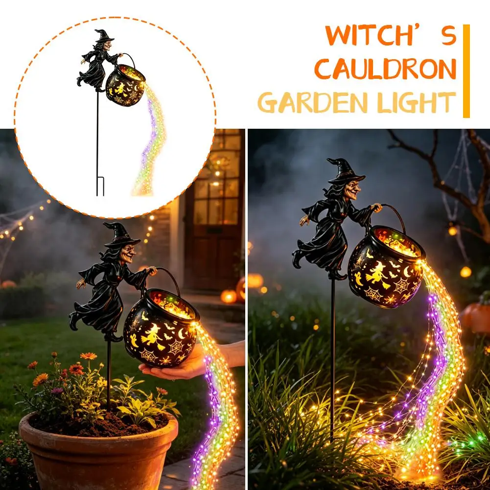 Halloween Whimsical Gnome Statue Decorations Outdoor Witch Cauldron Garden Light LED String Light Halloween Outdoor Decorations
