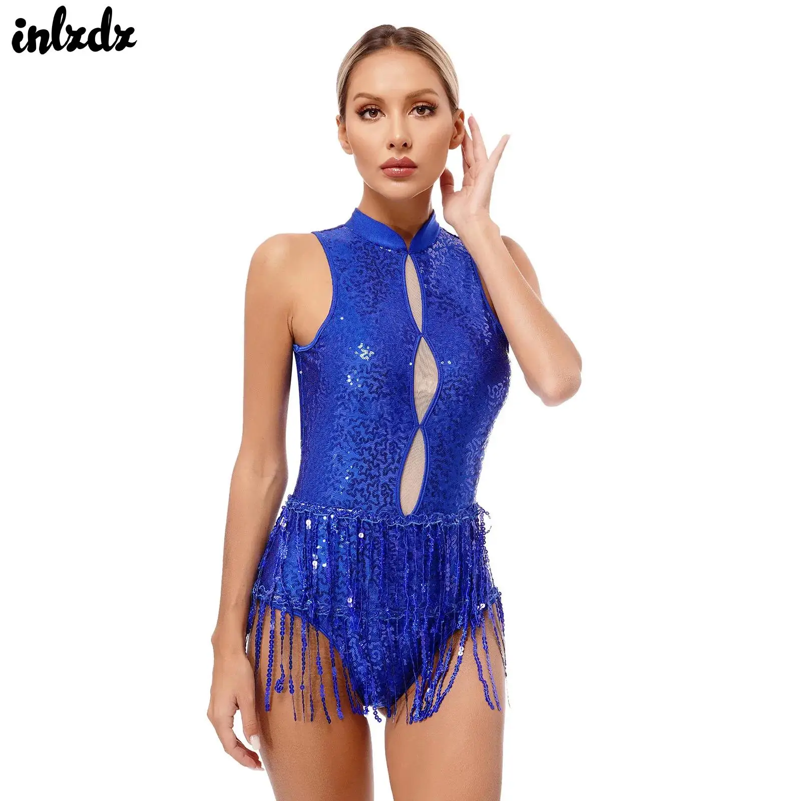 

Womens Glitter Sequins Tassel Leotard Ballroom Dance Costume Latin Jazz Samba Dance Wear Sleeveless Shiny Bodysuit Dancewear