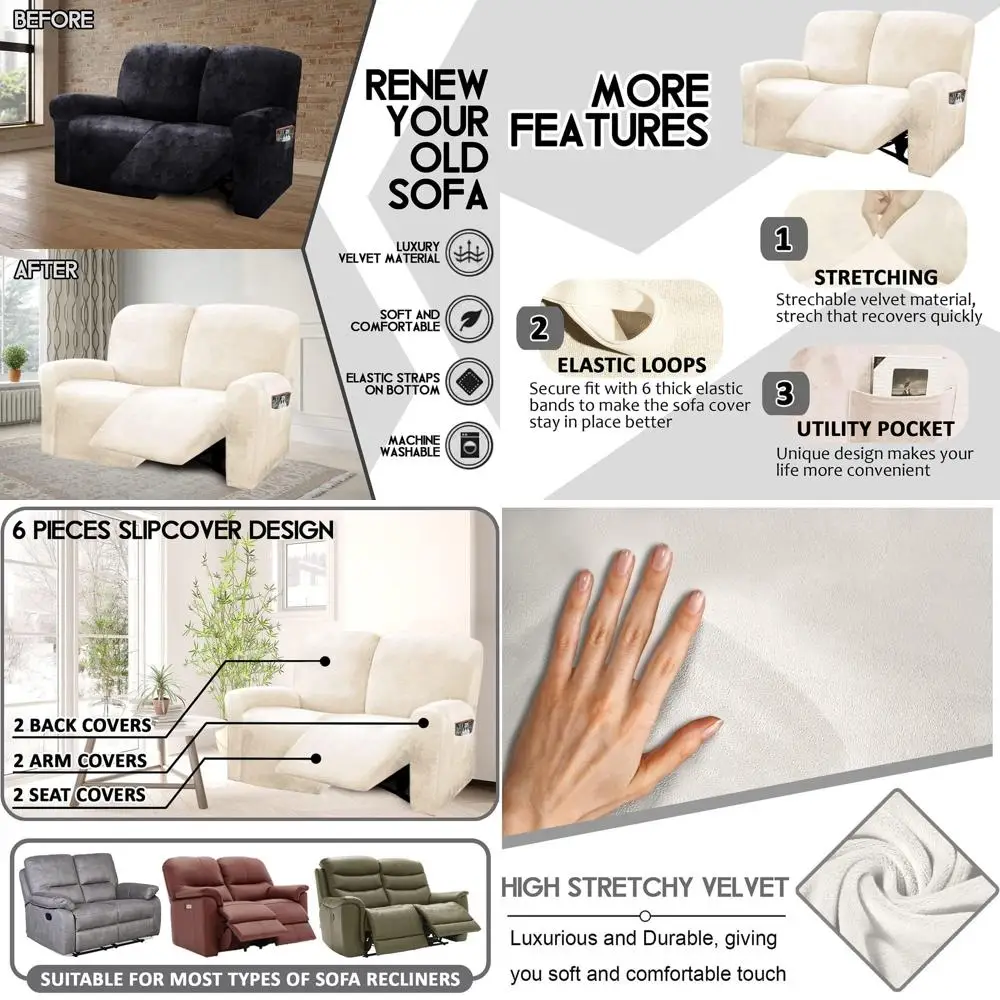 

6-Piece Velvet Stretch Recliner Loveseat Cover Set, 48-65 Length, Thick & Soft, Washable, Ivory