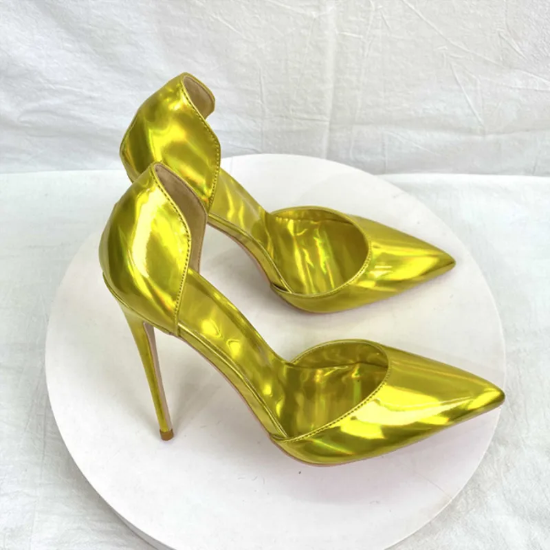 

Bling Yellow Gold Laser leather Side Cutout Pumps Pointed Toe 8 10 12 cm Stiletto High Heels Women Party Dress Shoes