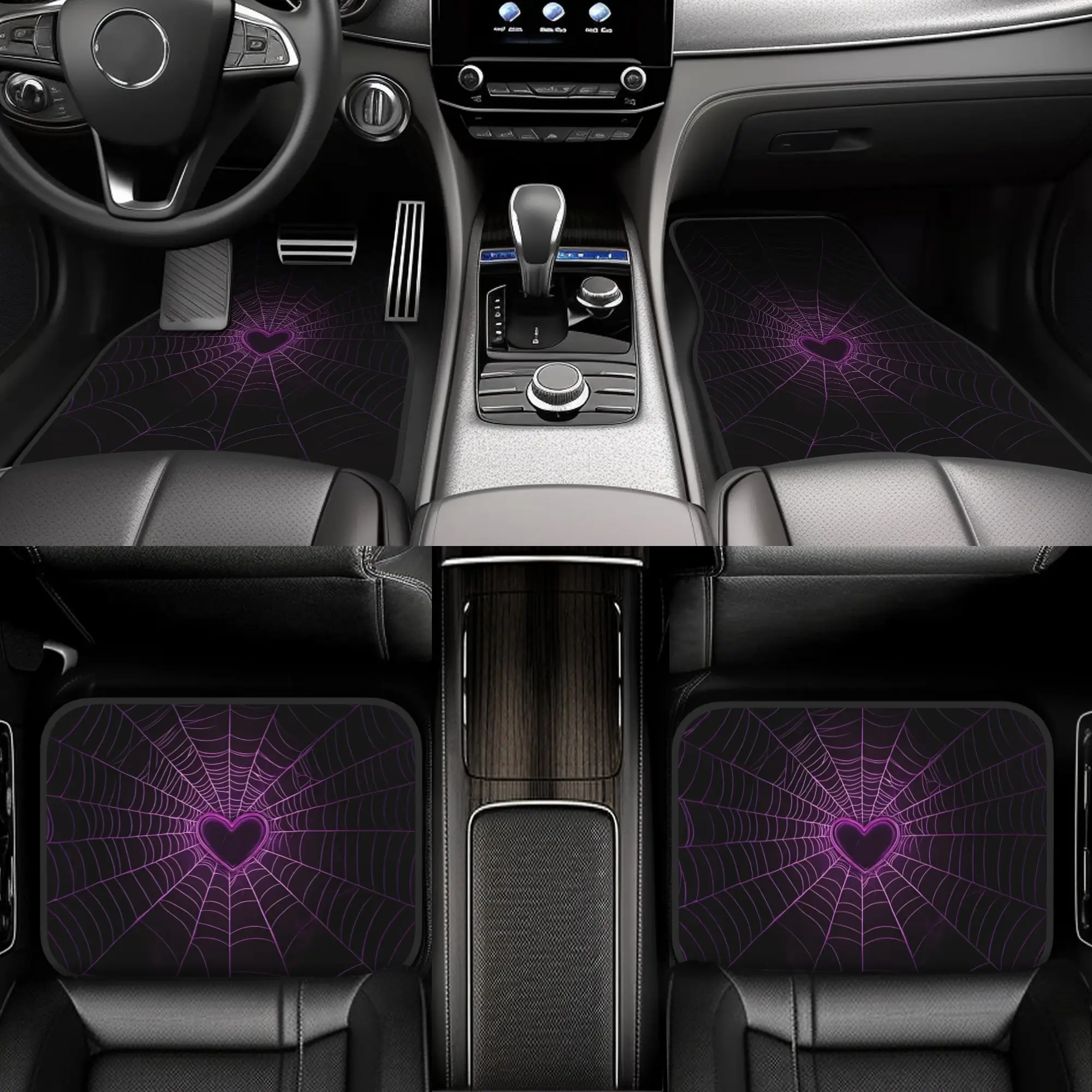 Set Of 4 Purple Heart-Themed Car Floor Mats That Are Fashionable And Easy To Maintain, Designed To Fit Any Vehicle Model. They P