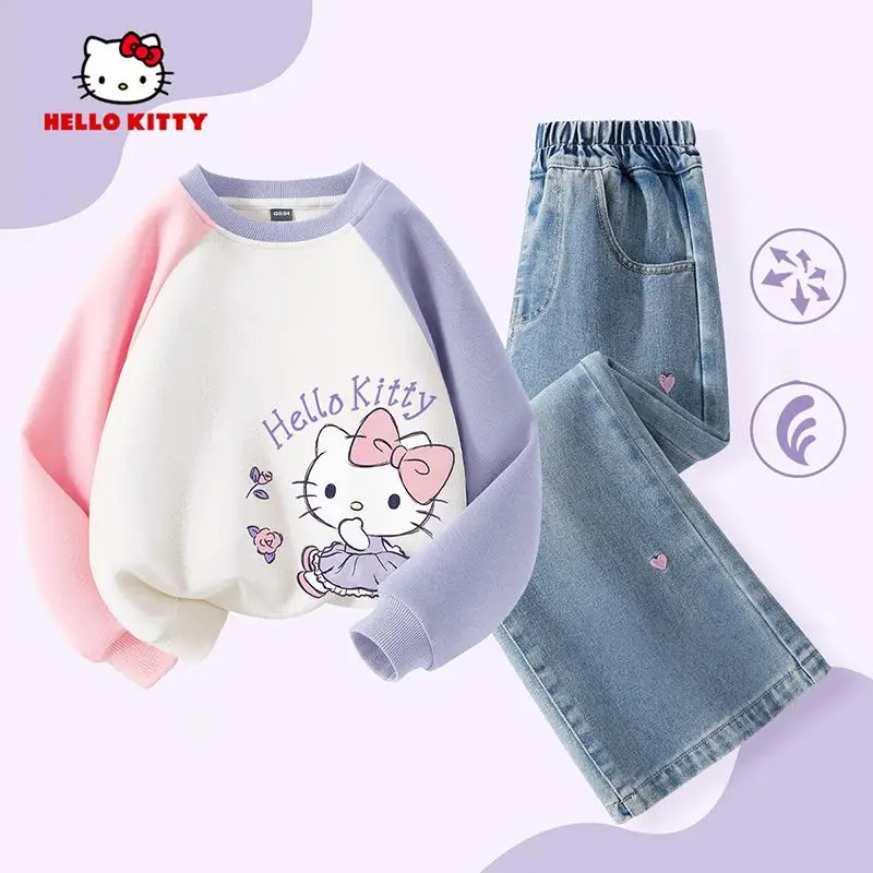 سانريو مرحبا كيتي قطعتين مجموعة فتاة ربيع الخريف طويلة الأكمام بلايز الترفيه السراويل Kawaii أنيمي موضة جديدة ملابس الأطفال الساخن